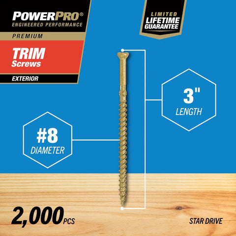 2000 Piece Exterior Trim Screws Bronze Epoxy Coated Size 8 x 3 Inch Star Drive, shown on blue background, focus on screw details