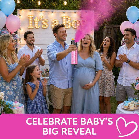 Sick Vibes Pink Smoke Bomb Powder Spray Launcher Kit For Outdoor Raves And Festivals Featuring Hella Biodegradable Color Burst and Super Quick Cleanup used at baby reveal party.
