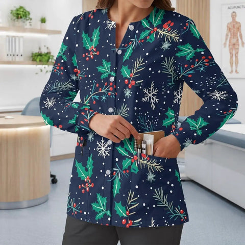 Christmas Holly Womens Snap Front Scrub Jacket In Stretch Fabric Long Sleeve Medical Uniform shown pocketed in clinic