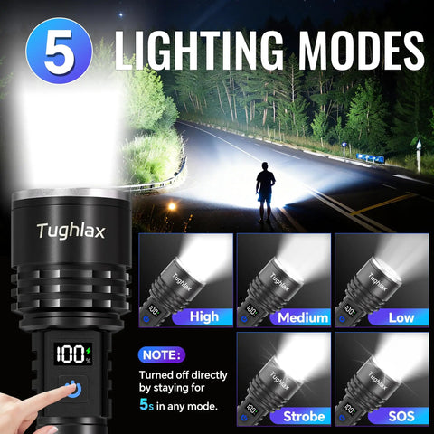 High Lumens Rechargeable LED Flashlights 2 Pack With Zoomable Beam And LCD Display 5 Modes Long Range Tactical Lights display