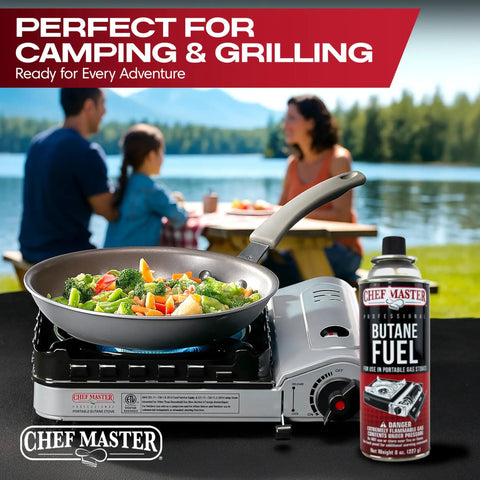 4 Pack 8 Oz Butane Gas Canisters For Kitchen Torch And Camp Stove High Heat Fuel at outdoor picnic with family cooking.