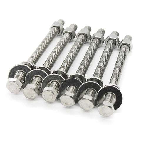 Four-Set 3/8-16 X 4 Stainless Steel Hex Head Bolts With Nuts, Flat And Lock Washers, 18-8 304 Stainless, Fully Threaded, Heavy Duty Fastener Kit