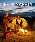 Two campers by a campfire with a Big 324 Piece First Aid Kit With Labeled Compartments for emergencies visible in the foreground.