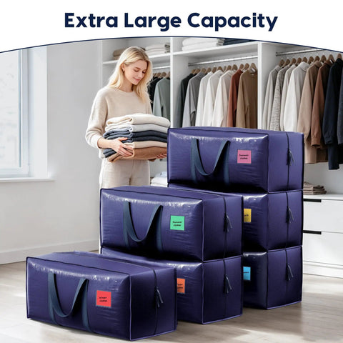 Woman using Six Pack Heavy Duty Moving Bags 210GSM With Full Open Side Zipper 93L Waterproof Foldable Storage Totes for organization