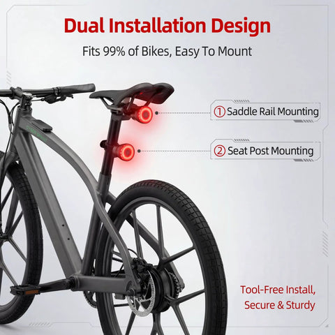 Real Time Bike GPS Tracker Tail Light With Apple Find My Compatibility installed on bicycle showing dual installation design.