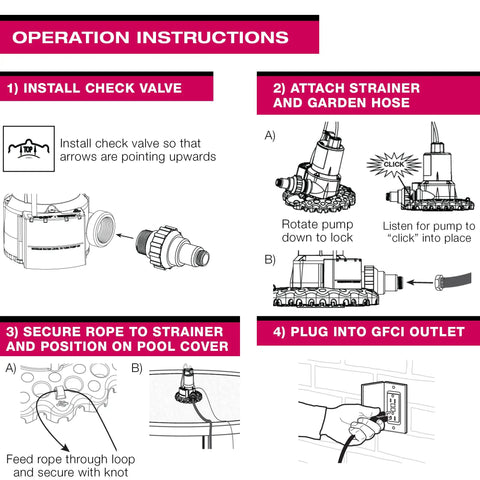 Operation instructions for installing Reinforced Thermoplastic Pool Cover Pump With One Quarter HP Motor, Auto On Off.