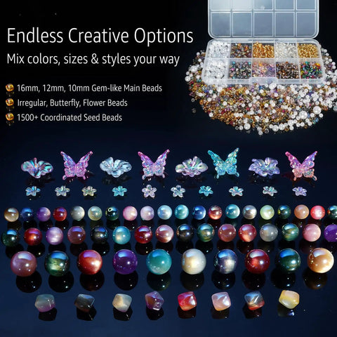Stellar Beading Designer Kit For Beginners with gem-like and seed beads, butterfly and flower shapes, 1600+ beads for crafting.