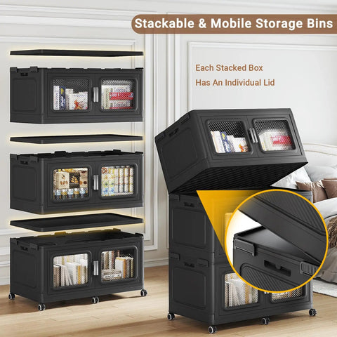 Heavy Duty 600 Gallon Storage Bins 8 Pack Beast Mode stackable boxes with grippy wheels and snap-on lids, arranged in a mobile storage system.