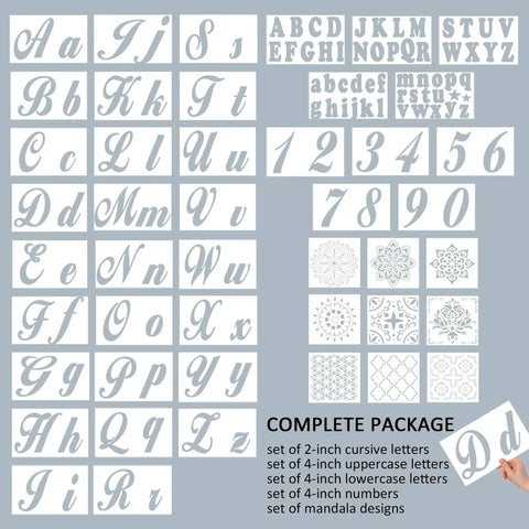 Dope 124 Alphabet Numbers Mandala Stencils Set With Large Six Inch And Small Three Inch Pro Grade Reusable Letter Templates for DIY