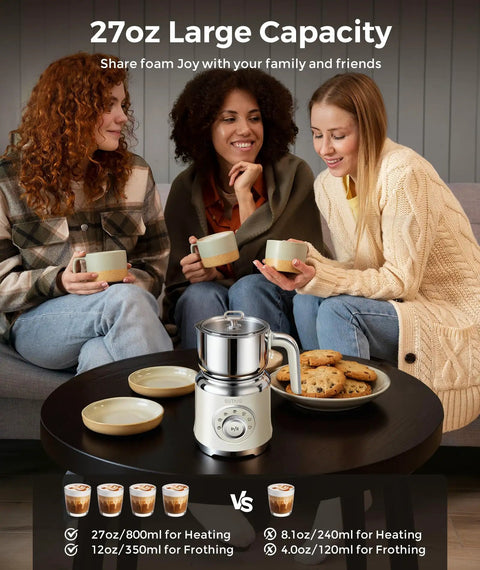 All In One Milk Frother And Steamer With 27oz Capacity Temperature Control on a table surrounded by people enjoying drinks.