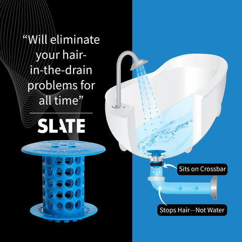 Keep Your Bath Pipes Running Slick With This In-Drain Bathtub Hair Catcher And Clog Blocker Guard, blue silicone hair catcher for standard tub openings.