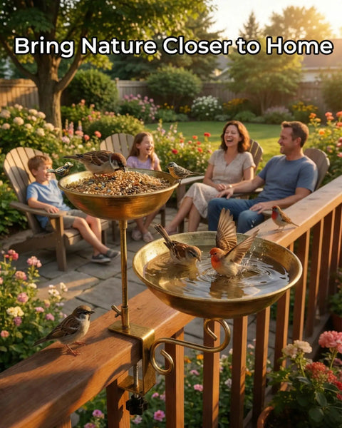Dual Tier Deck Mounted Bird Bath With Grip Guard Railing Clamp And Seed Feeder For Balconies Apartments And Patios Hustle Free Setup featuring birds enjoying waters and seeds.
