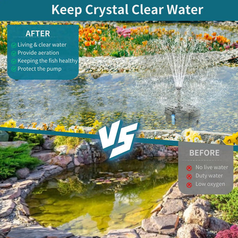 Pond with 8W Solar Pond Filter and Water Pump for clear water setup, showcasing before and after effects.