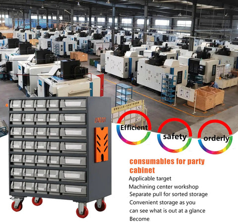 Heavy Duty CNC Tools Organizer Cabinet on Wheels in workshop with consumables and cutting tools storage, smooth castors.