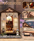 DIY Book Nook Kit Japanese Machiya with LED Light, 3D Wooden Puzzle for Adults and Beginners, Bookshelf Insert Decor with assembly details.