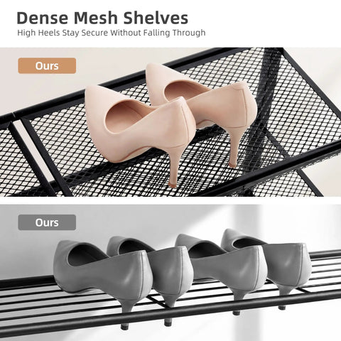 Sick Heavy Duty 5 Tier Metal Shoe Rack With Dense Mesh Shelves Holds All Your Kicks, featuring high heels on dense mesh shelves.