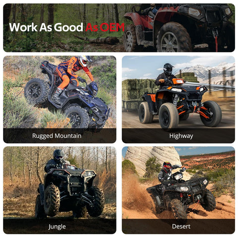 Collage of UTVs in rugged terrain and desert with Front And Rear Prop Shaft U Joint Kit For RZR 1000 900 800 4 Turbo RS1 And Ranger Crew UTVs