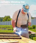 Welder wearing Four Pack Cotton Welding Cap Set With Sweat Absorbing Mesh Liner, Breathable Welders Hats For Welders, Elastic Ring Fit.
