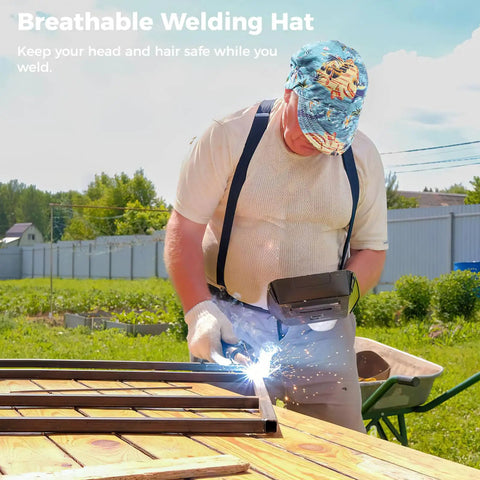 Welder wearing Four Pack Cotton Welding Cap Set With Sweat Absorbing Mesh Liner, Breathable Welders Hats For Welders, Elastic Ring Fit.