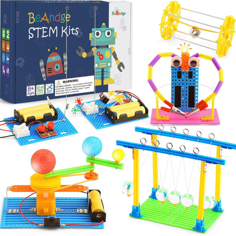 Hands On Five Model STEM Science Kit For Kids featuring models including Telegraph, Newton's Cradle, and robot assembly.