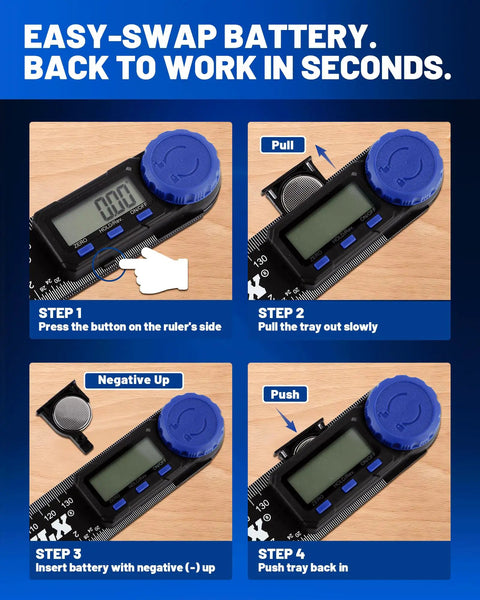 Instructions for changing the battery on the Dead On Digital Angle Finder Protractor With LCD Display for woodworking.