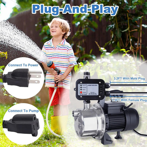 Water Pump Pressure Controller With Automatic Electronic Switch, child watering plants with hose, garden setup