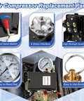 Air Compressor Pressure Switch 135 To 175 PSI 4 Port 20 Amp With 0 To 200 PSI Gauge And 200 PSI Safety Relief Valve Quarter Inch NPT