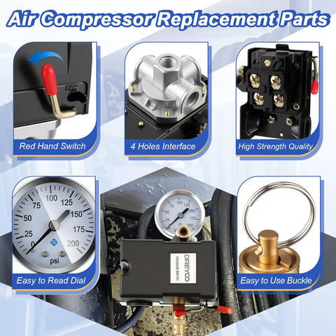 Air Compressor Pressure Switch 135 To 175 PSI 4 Port 20 Amp With 0 To 200 PSI Gauge And 200 PSI Safety Relief Valve Quarter Inch NPT