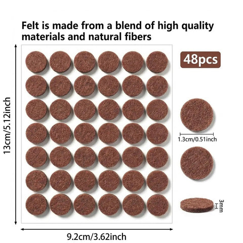 Top Shelf Self Sticky Felt Pads 48 Pack Brown Round Bumpers for chair legs, showcasing dimensions and materials.