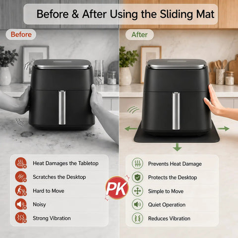 Slide Mat For 9 In 1 TurboBlaze Air Fryer With Anti Slip Base And Hanging Strap showing before and after use comparison on countertop