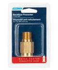 Heavy Duty Brass RV Hot Water Heater Backflow Preventer With Stainless Spring One Direction Water Flow Stops Backflow Into Your Freshwater System Half Inch Male To Female NPT Fitting in packaging