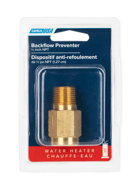 Heavy Duty Brass RV Hot Water Heater Backflow Preventer With Stainless Spring One Direction Water Flow Stops Backflow Into Your Freshwater System Half Inch Male To Female NPT Fitting in packaging