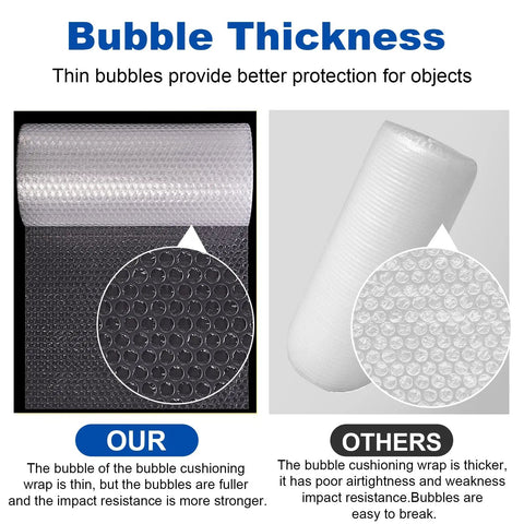 Comparison of Two Pack 12 Inch By 72 Foot Ultra Thin Bubble Cushioning Wrap Nylon showing bubble thickness for shipping.