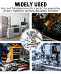 Heavy Duty Stainless Steel Screws And Nuts Assortment Kit, 333 Piece Phillips Pan Head Bolt Set With Washers, Rust Resistant Hardware In Nine Sizes M3 M4 M5 M6, Built Tough For Weekend Warriors displayed in appliance and machinery assembly.