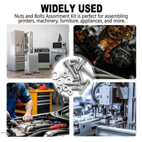 Heavy Duty Stainless Steel Screws And Nuts Assortment Kit, 333 Piece Phillips Pan Head Bolt Set With Washers, Rust Resistant Hardware In Nine Sizes M3 M4 M5 M6, Built Tough For Weekend Warriors displayed in appliance and machinery assembly.