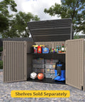 Weatherproof Outdoor Storage Shed Cabinet 48 Cu Ft Extra Large for Bike Lawn Mower Garbage Cans and Garden Gear Waterproof with open doors showing storage.