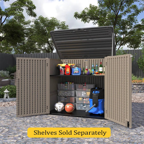 Weatherproof Outdoor Storage Shed Cabinet 48 Cu Ft Extra Large for Bike Lawn Mower Garbage Cans and Garden Gear Waterproof with open doors showing storage.