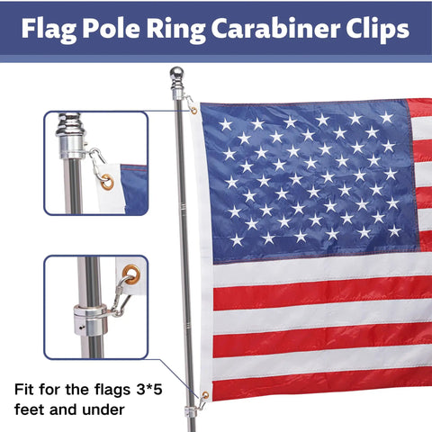 Heavy Duty Flag Pole Carabiner Clips With Locking Nut 4 Pack Stainless Steel M5 Snap Hooks on flagpole with US flag