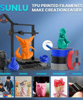 Various 3D printed models, 3D printer, and multicolor TPU filament spools for Crazy Fast Prints TPU Filament 1.75mm 1kg 95A Flexible Black