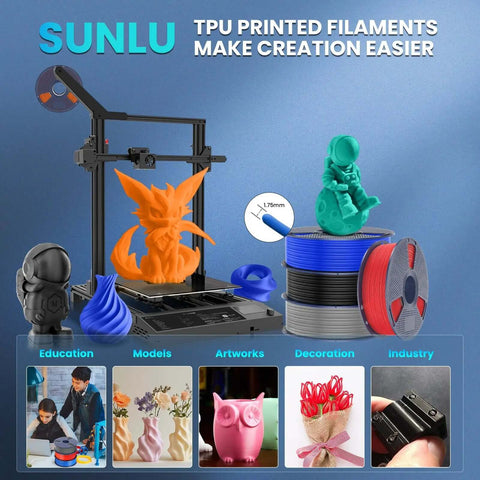 Various 3D printed models, 3D printer, and multicolor TPU filament spools for Crazy Fast Prints TPU Filament 1.75mm 1kg 95A Flexible Black