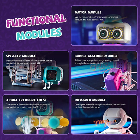 Functional modules from the 24-In-1 STEM Circuit Robot Kit For Kids Ages 8 To 12 showcasing motor, speaker, bubble, and infrared features.