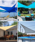 Collage of Turquoise 16x16x16 Sun Shade Sail Triangle Canopy For Patio Pergola Deck Outdoor Shade HDPE Virgin Fabric UV Block