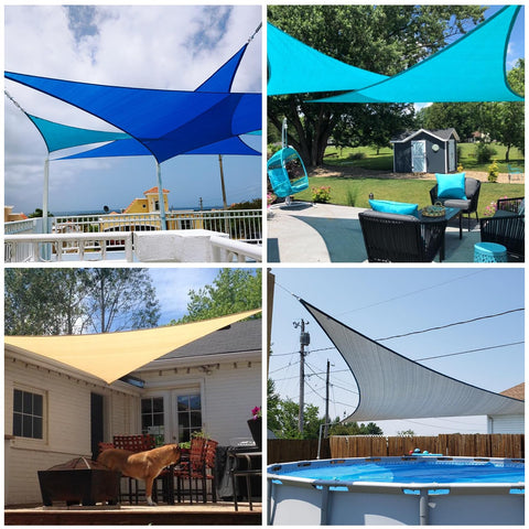 Beige Triangle Sun Shade Sail 8x8x11.3 Feet for patio and backyard, heavy duty UV blocking shade cloth over various outdoor spaces.