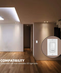 No Sweat Paddle Led Dimmer Switch For Single Pole Or Three Way Setup Bright White Faceplate No Neutral Wire Required Easy Standard House Wiring Boost Dimmable To 150W installed in a modern living room.