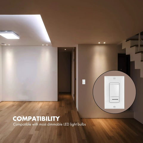 No Sweat Paddle Led Dimmer Switch For Single Pole Or Three Way Setup Bright White Faceplate No Neutral Wire Required Easy Standard House Wiring Boost Dimmable To 150W installed in a modern living room.