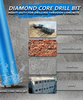 Blue diamond core drill bit with text highlighting use on reinforced concrete, brick, concrete, and block. Product focus keyword included.