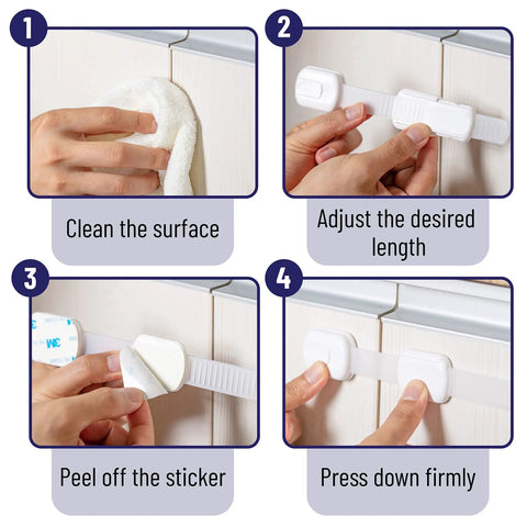 Four-step guide installing Six Pack Child Safety Strap Locks for Cabinets and Drawers Easy Install Baby Proof Cabinet Latches