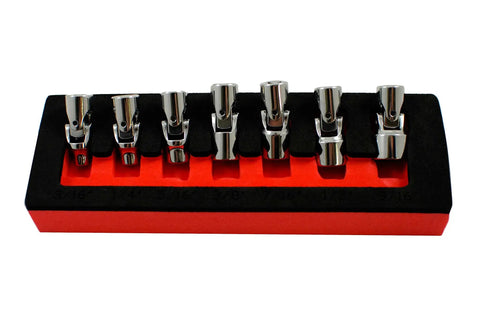 Super Handy Seven Piece 1/4 Inch Drive Flex Socket Set With 6 Point Sae Sockets That Flex To Access Tight Spaces While Keeping Solid Grip On Fasteners For Mechanics And Diy Projects displayed on a red tray