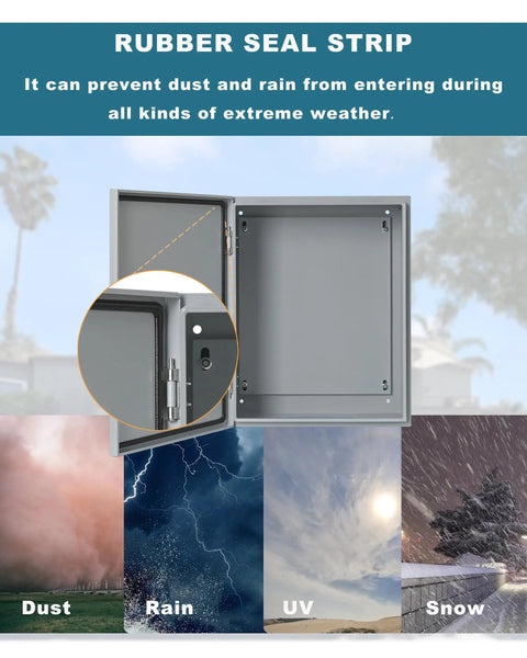 Rugged Weatherproof Outdoor Electrical Enclosure Box 8 By 8 By 6 Inch With Reinforced Lock, Heavy Duty Steel Junction Box For Harsh Environments, No-Fuss Install Backplane, Corrosion-Resistant Weatherproof Cabinet open with rubber seal strip
