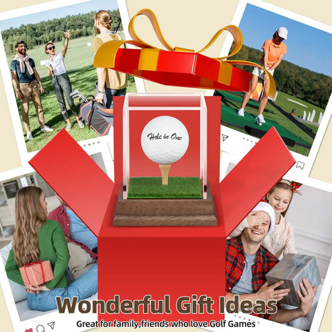 Hole In One Golf Ball Display Case With Realistic Turf Base And Walnut Wood Stand shown as a gift idea